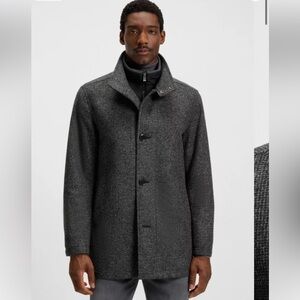 HUGO BOSS Coxtan Virgin Tweed Wool Blend Coat With Bib Charcoal Sz 46R Car Coat